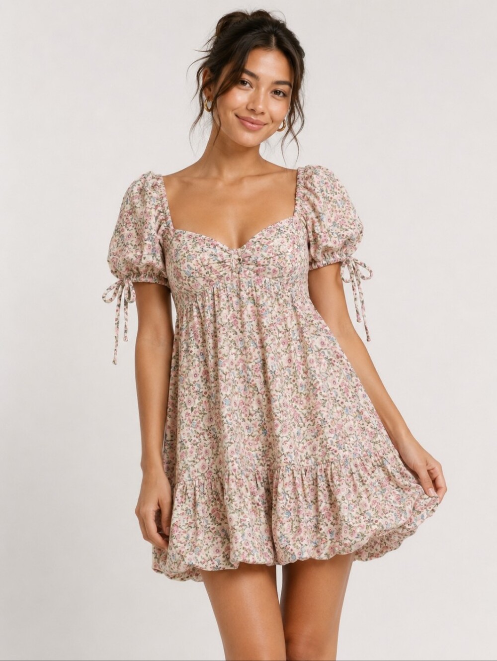 NWT OLIVACEOUS Floral Puff Sleeve Babydoll Mini Dress Sz S 100% Cotton